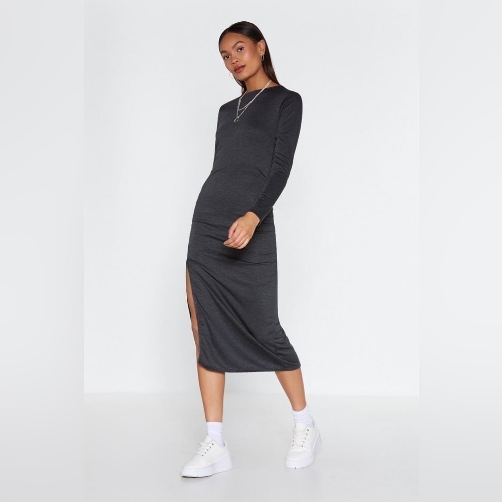 Nasty Gal Gray Long Sleeve Slit Front Maxi Dress Size 2
